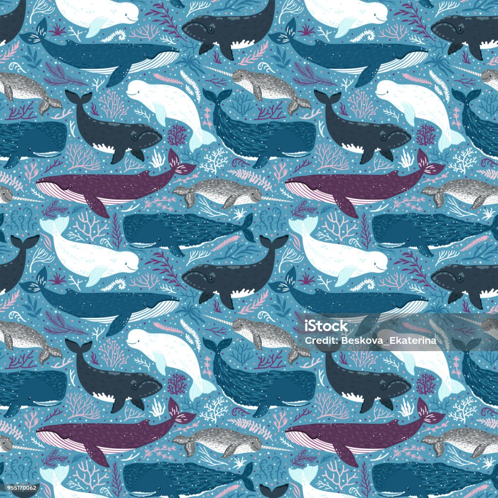 Vector seamless pattern with whales. Repeated texture with marine mammals: narwhal, blue whale, beluga whale, white whale and sperm whale. Blue sea background with animals. Doodle stock vector