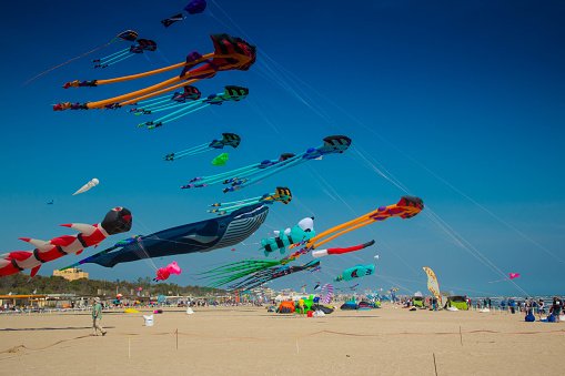 Many colorful kites in different shapes on the beach at Cervia international kite festival \