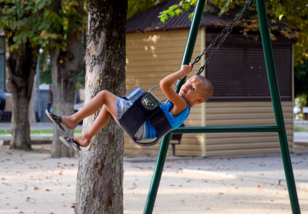 istock The little boy swings on the swing himself 955186084