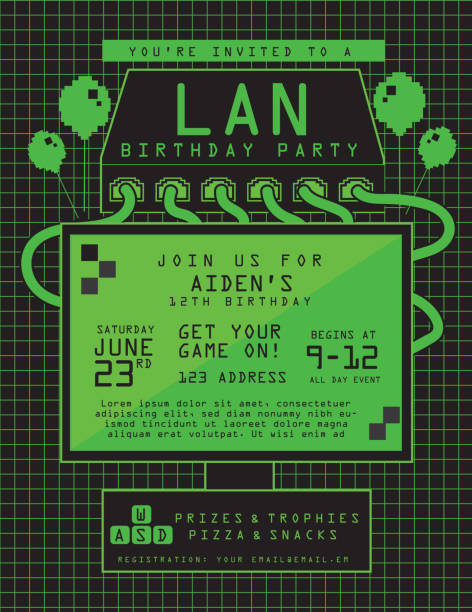 LAN birthday party invitation design template. Retro video gaming event style poster design. Includes pixelated balloons, computer screen, network switch with cables, macro on keyboard and sample text design. Easy to edit and customize with layers.