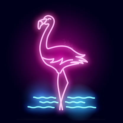 A glowing neon tube pink flamingo bird sign. Layered Vector illustration.