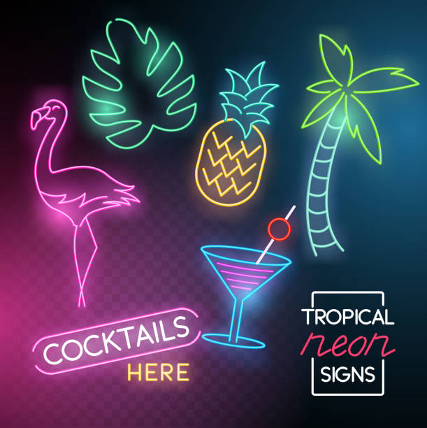ilustrações de stock, clip art, desenhos animados e ícones de tropical neon light signs - american flamingo