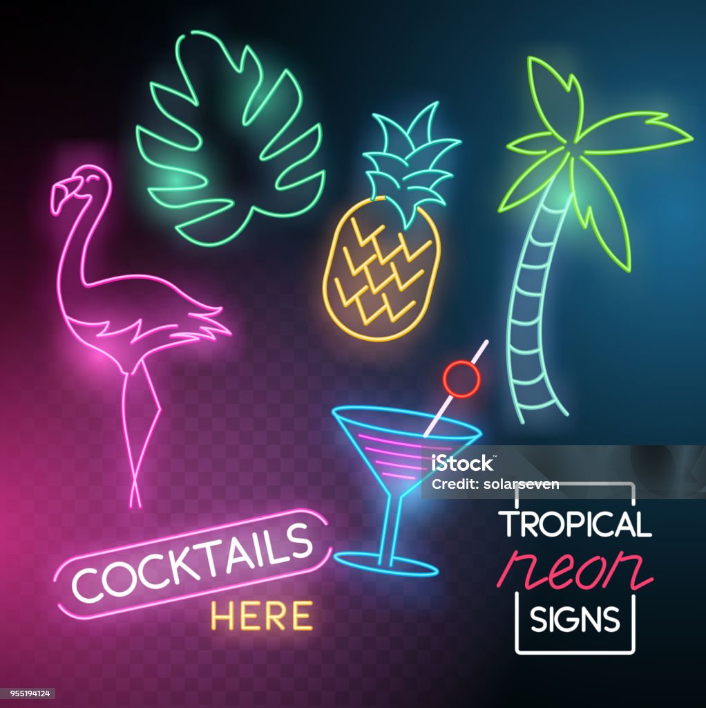 Tropical Neon Light Signs A set of neon glowing light signs with a flamingo, cocktail and palm tree. Vector illustration. Neon Lighting stock vector