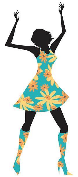Retro Dancing Girl Flower Power! Stylized drawing of a retro dancing girl on a white background. 60s style dresses stock illustrations