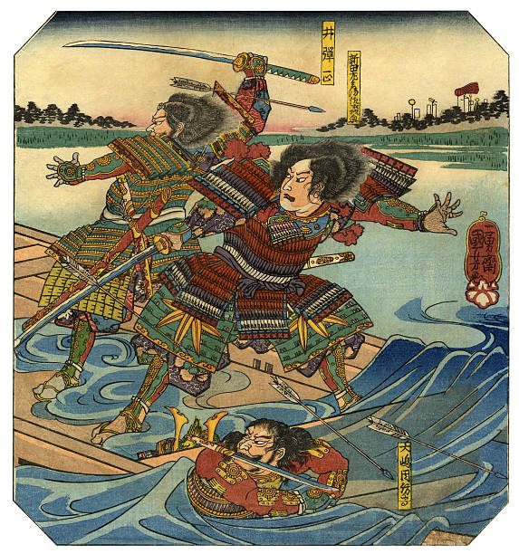 Japanese Woodblock Print of Warriors  samurai stock illustrations