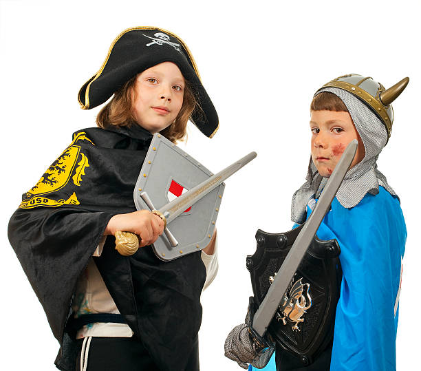 istock Boy and girl in costume knight 95521626