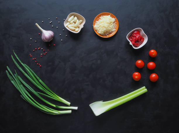 istock Ingredients for spaghetti on a black background. Copy space for your text 955221716