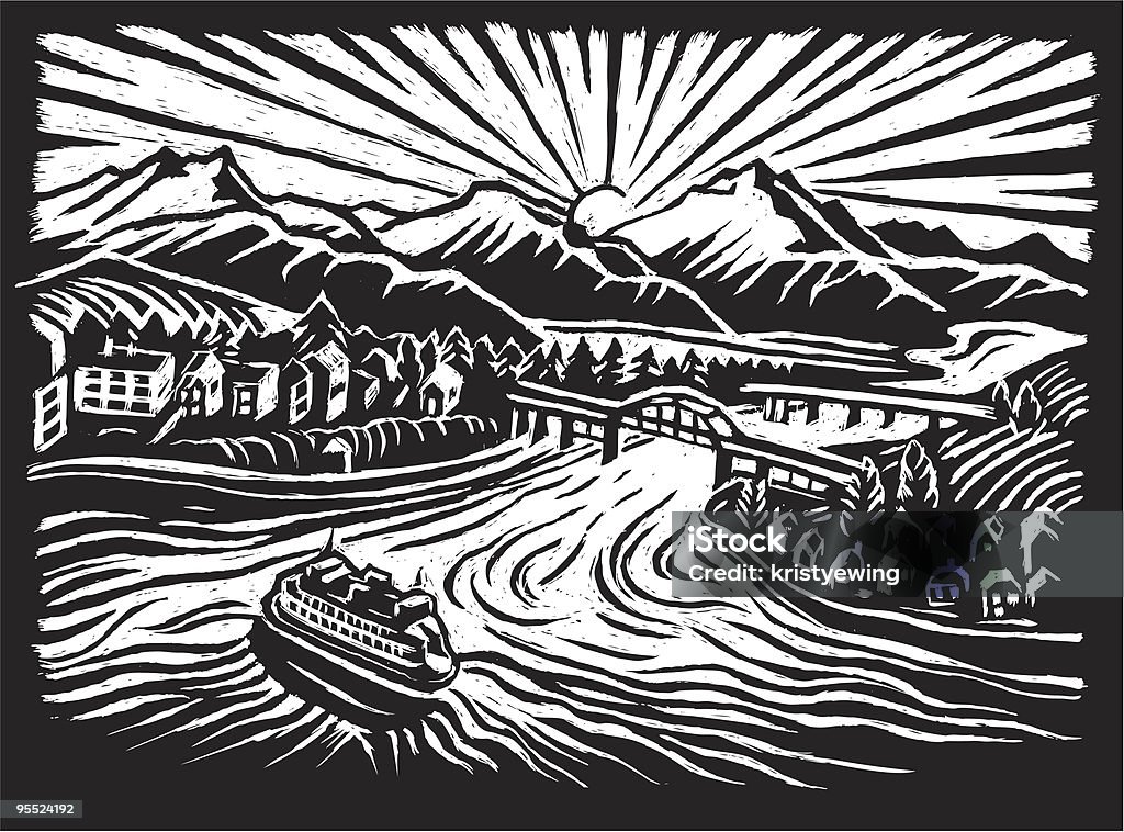 idyllic Pacific Northwest Washington USA scratch art This is a primitive art style illustration that I did on scratch board. Zoom in and you'll see the scratches are crude. The original art is only 3 inches wide. It depicts an idyllic Pacific Northwest scene with a ferry boat, small town and mountains. It is actually very similar to how the towns of Bremerton and Manette, Washington appear when seen across Sinclair Inlet, with the Olympic Mountains in the background. Black And White stock vector