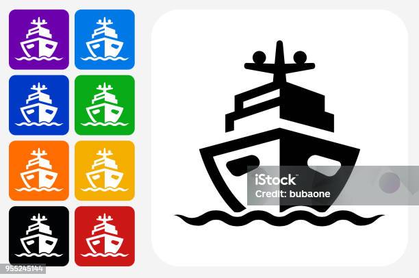 Boat Icon Square Button Set Stock Illustration - Download Image Now - Icon Symbol, Ship, Navy Blue