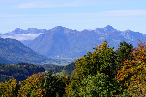 view from Hochberg near Siegsdorf towards bavarian alps, Germany