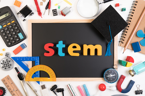 STEM Education. Science Technology Engineering Mathematics. STEM word on blackboard with education equipment for background.