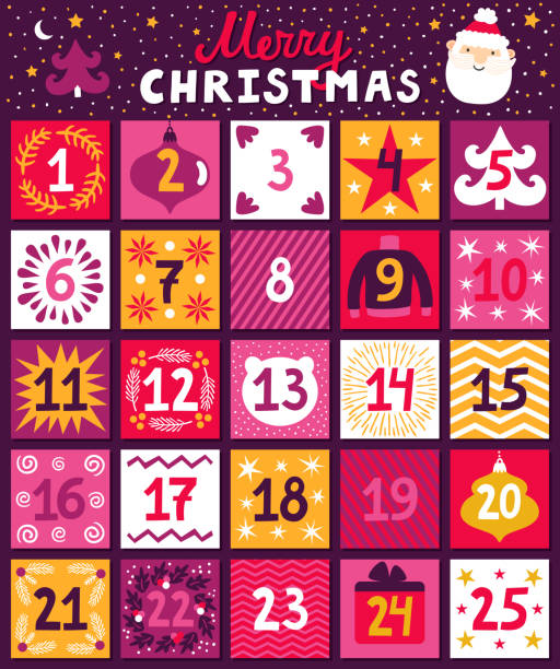 ilustraciones, imágenes clip art, dibujos animados e iconos de stock de calendario de adviento de navidad. cuenta regresiva vacaciones brillante en estilo de dibujos animados. fondo infantil con santa claus, árbol de navidad, adornos y mano escrito texto "feliz navidad" - advent calendar advent christmas childhood