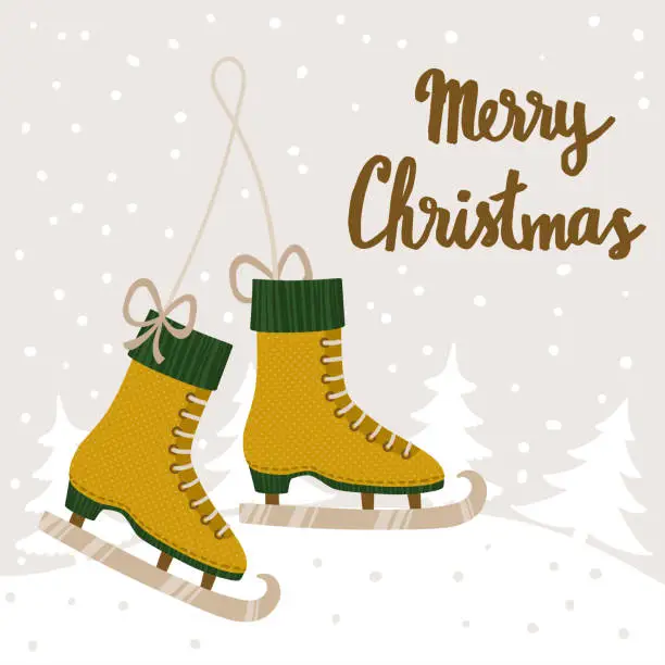 Vector illustration of Vector Christmas background with ice skates, winter landscape scene and hand written text 