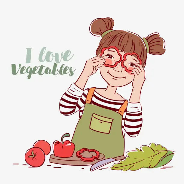 Vector illustration of Cute girl playing with vegetables. Happy kid having fun making salad in the kitchen, holding pepper slices as glasses