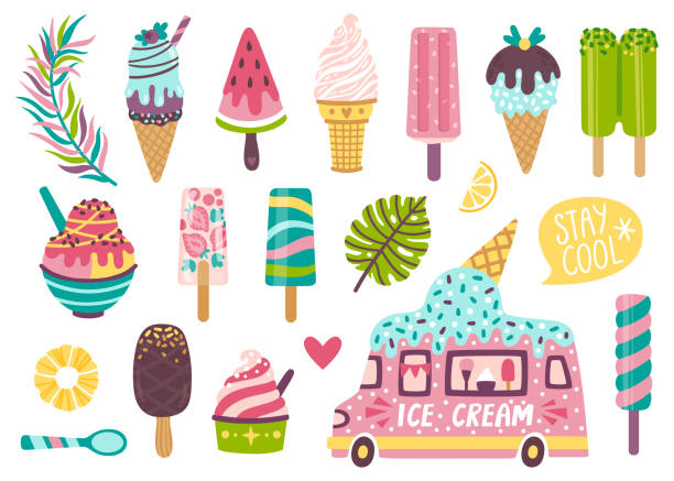 Set of cute summer icons: different ice cream, popsicles, fruit ice and ice cream truck. Bright summertime poster with sweet food. Collection of scrapbooking elements for summer party. Set of cute summer icons: different ice cream, popsicles, fruit ice and ice cream truck. Bright summertime poster with sweet food. Collection of scrapbooking elements for summer party. ice cream van stock illustrations
