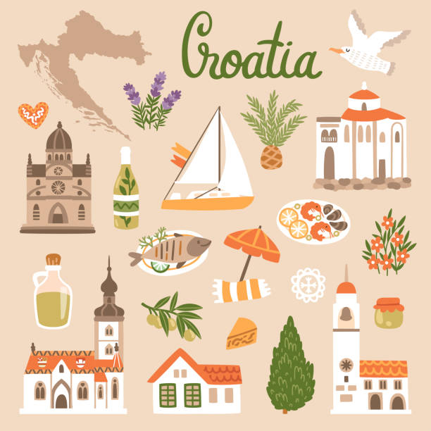 векторный набор символов хор ватии. иллюстрация путешествия с хорватскими достопримечательностями, едой и растениями. - croatia stock illustrations