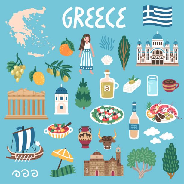 Vector icon set of Greece's symbols. Travel illustration with greek landmarks, people,traditional food, building. Vector icon set of Greece's symbols. Travel illustration with greek landmarks, people,traditional food, building. crete cartoon stock illustrations