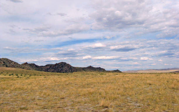 istock Wide steppe with yellow grass under a blue sky with white clouds Sayan mountains Siberia Russia 955257018