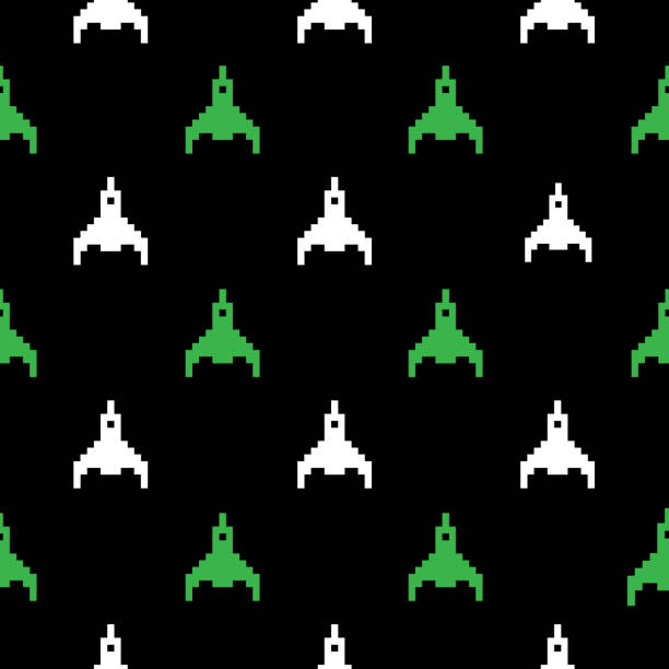 Pixel Rockets Seamless Pattern Vector seamless pattern of green and white pixel rockets on a black background. rocketship patterns stock illustrations