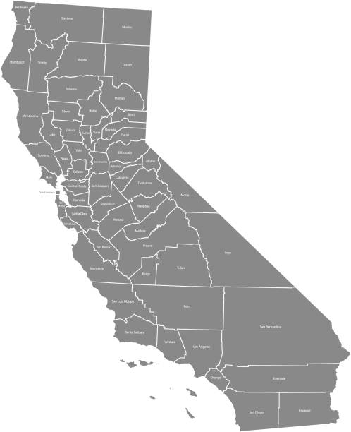 California county map vector outline illustration green background. California state of USA county map. Map of California county state of United States of America California county map vector outline illustration with counties names labeled in gray background. California state of USA county map. Map of California county state of United States of America southern california stock illustrations