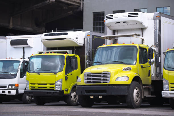 istock Small size local semi trucks with box refrigerator trailer stand in row in warehouse dock 955269118