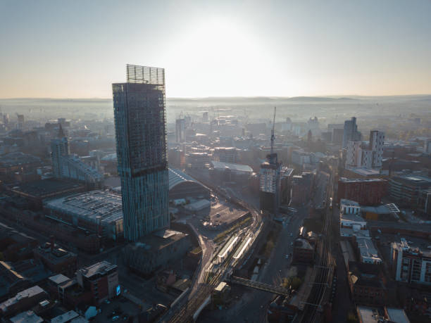 istock Manchester City Centre Drone Aerial View Above Building Work Skyline Construction Blue Sky Summer Hilton Beetham 955272322