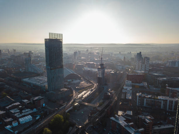 istock Manchester City Centre Drone Aerial View Above Building Work Skyline Construction Blue Sky Summer Hilton Beetham 955272330