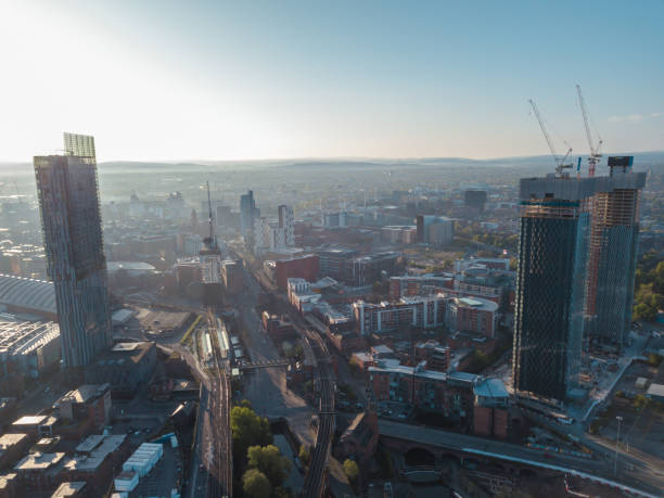 istock Manchester City Centre Drone Aerial View Above Building Work Skyline Construction Blue Sky Summer Hilton Beetham 955272384