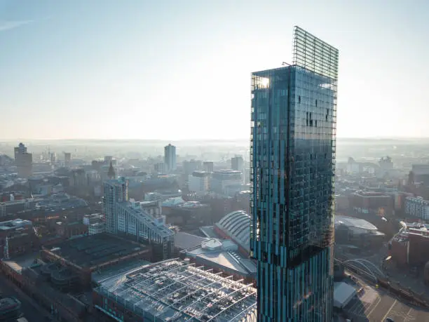 Manchester City Centre Drone Aerial View Above Building Work Skyline Construction Blue Sky Summer Hilton Beetham