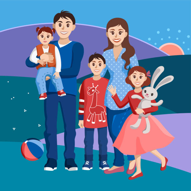 Big happy family on a background of hills and sunset. Parents with 2 daughters and a son. One daughter is holding a toy rabbit. Big happy family on a background of hills and sunset. Parents with 2 daughters and a son. One daughter is holding a toy rabbit. Vector illustration. big family sunset stock illustrations