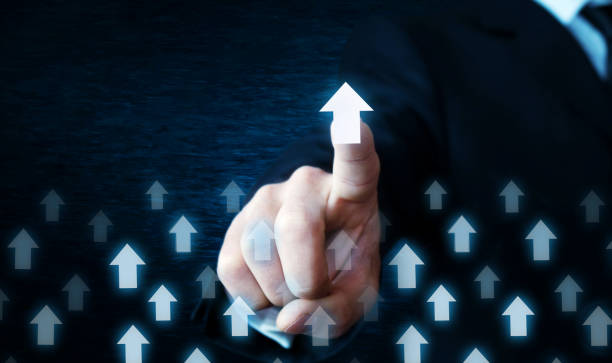 istock Man hand touching arrows. Business growth and success concept. 955277556
