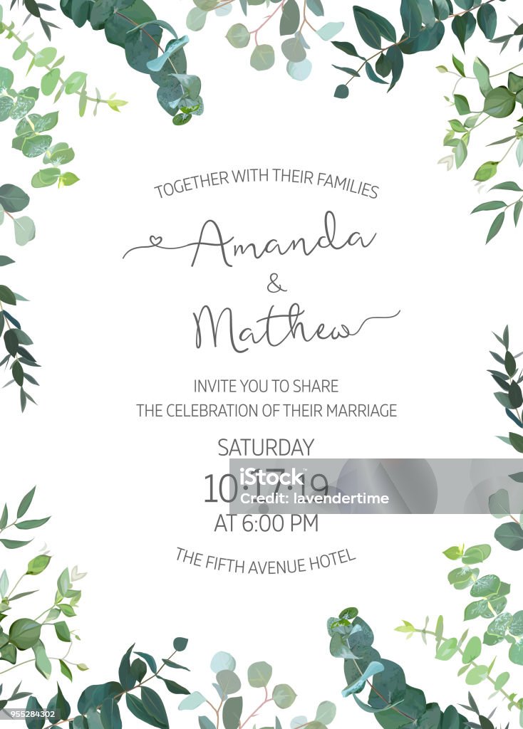 Eucalyptus selection natural card Herbal invitation simple vector vertical  frame. Hand painted plants, branches, leaves on white background. Wedding design. Eucalyptus selection natural card. All elements are isolated and editable Border - Frame stock vector