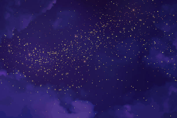 Magic night ultraviolet sky with sparkling stars Magic night ultraviolet sky with sparkling stars. Gold glitter powder splash vector background. Golden scattered stardust. Midnight milky way. Purple trendy texture with clouds and shimmer. midnight stock illustrations