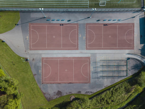 istock Running track tennis courts from above drone aerial view 955305172