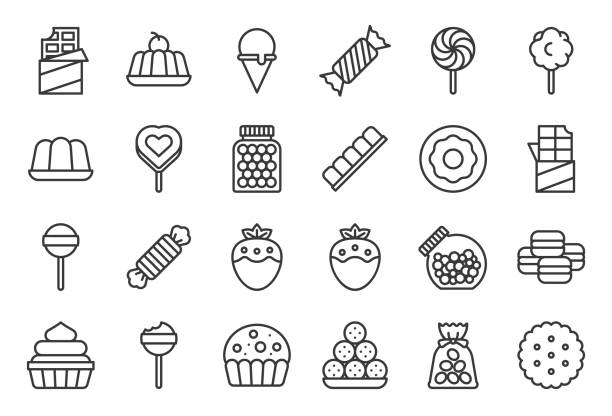 ilustraciones, imágenes clip art, dibujos animados e iconos de stock de dulces e icono de caramelo 1/2, conjunto de iconos de línea - candy