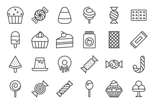 illustrazioni stock, clip art, cartoni animati e icone di tendenza di set di icone dolci e caramelle 2/2, set di icone di linea - dolci