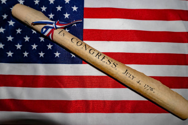 istock Declaration of independence 4th july 1776 on usa flag 955310678
