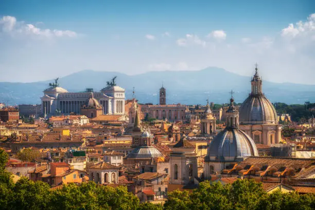 Rome skyline at the city center with panoramic view of famous landmark of Ancient Rome architecture, Italian culture and monuments. Historical Rome is the famous travel destination of Italy.