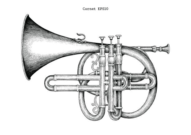 ilustrações, clipart, desenhos animados e ícones de vintage corneta mão desenho gravura ilustração, o instrumento de música clássica - jazz music trumpet valve
