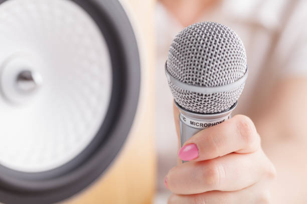 istock Selective focus photo of microphone in human hand 955328212