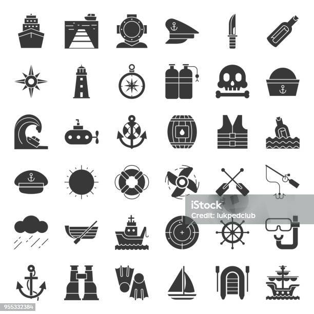 Nautical And Sailor Solid Icon Set Stock Illustration - Download Image Now - Icon Symbol, Harbor, Submarine