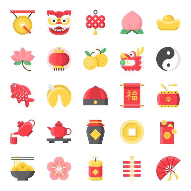 ilustrações de stock, clip art, desenhos animados e ícones de chinese new year flat cute icon, 128 px on grid system set 1/2 - lily flower vector red