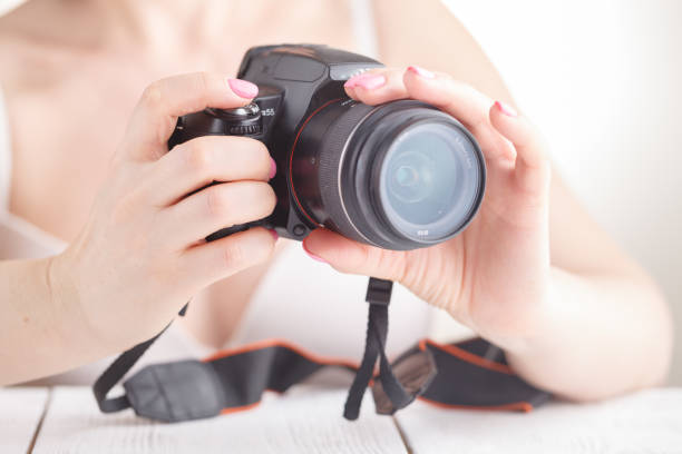 istock Female hold SLR photo camera in hands 955333124