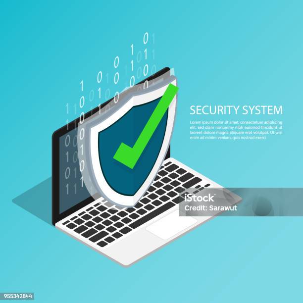Developer Laptop Protection Isometric Computer Laptop Security Protect Shield Vector Stock ...