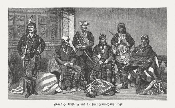 фрэнк гамильтон кушинг в индейцев зуни, ксилография, опубликовано 1888 - anasazi stock illustrations