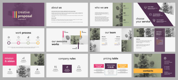 Violet infographic elements for presentations. Violet infographic elements for presentations. Easy Use in creative flyer and leaflet, corporate report, marketing, advertising, presentation, banner.simple modern style presentation templates stock illustrations
