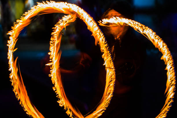 istock Fire dancers Swing fire dancing show fire show dance man juggling with fire 955360824