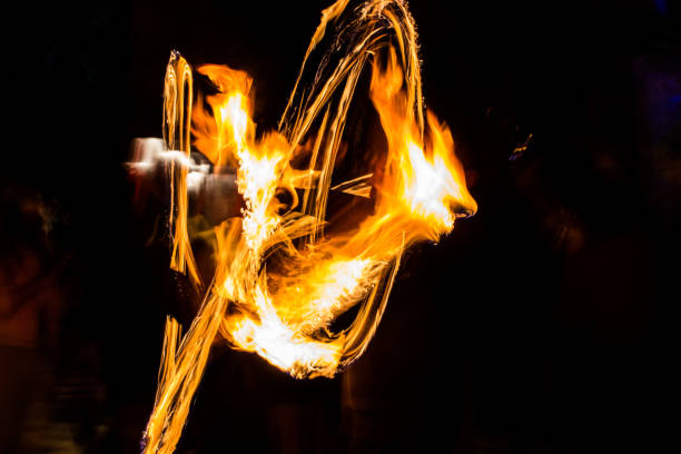 istock Fire dancers Swing fire dancing show fire show dance man juggling with fire 955360860