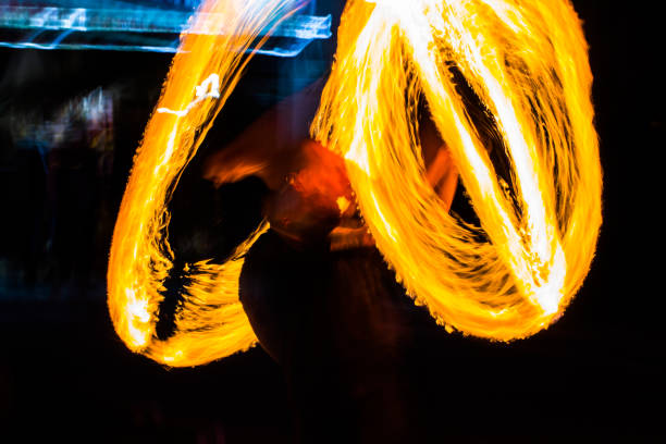 istock Fire dancers Swing fire dancing show fire show dance man juggling with fire 955360946