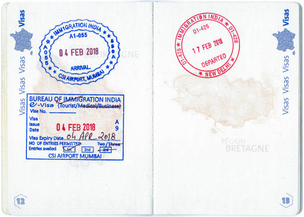 timbres de l’immigration de l’inde dans un passeport français - airport india arrival departure board delhi photos et images de collection